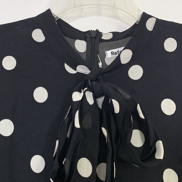 Reformation Fox Dress ES Sz 12 L Black White Polka Dot Mini Tie Neck Ruffl… - Picture 5 of 11